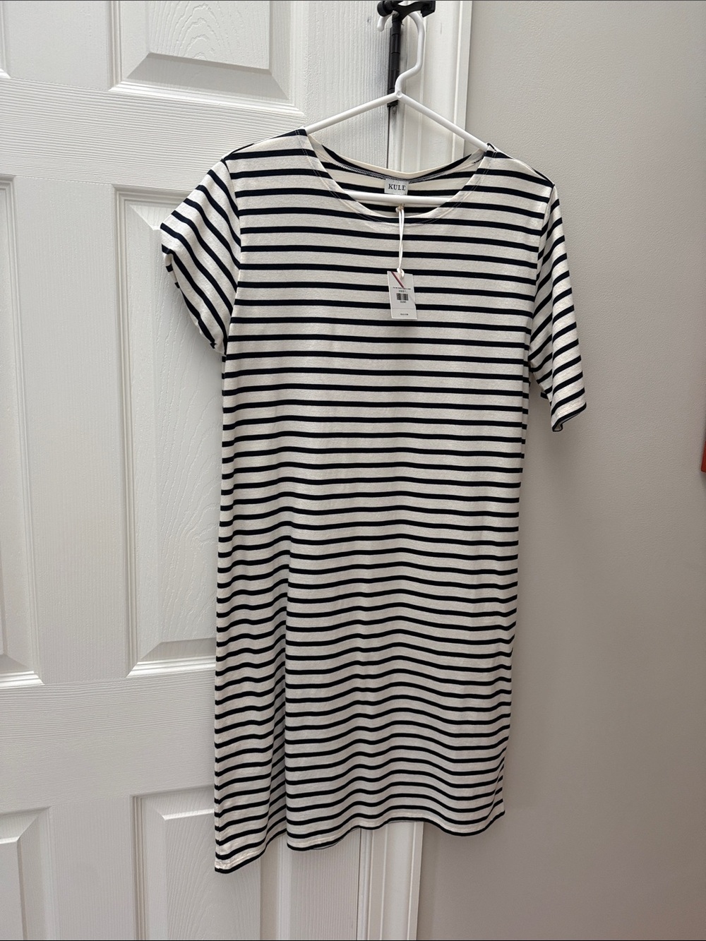 KULE Black and White Striped Midi T-Shirt Dress